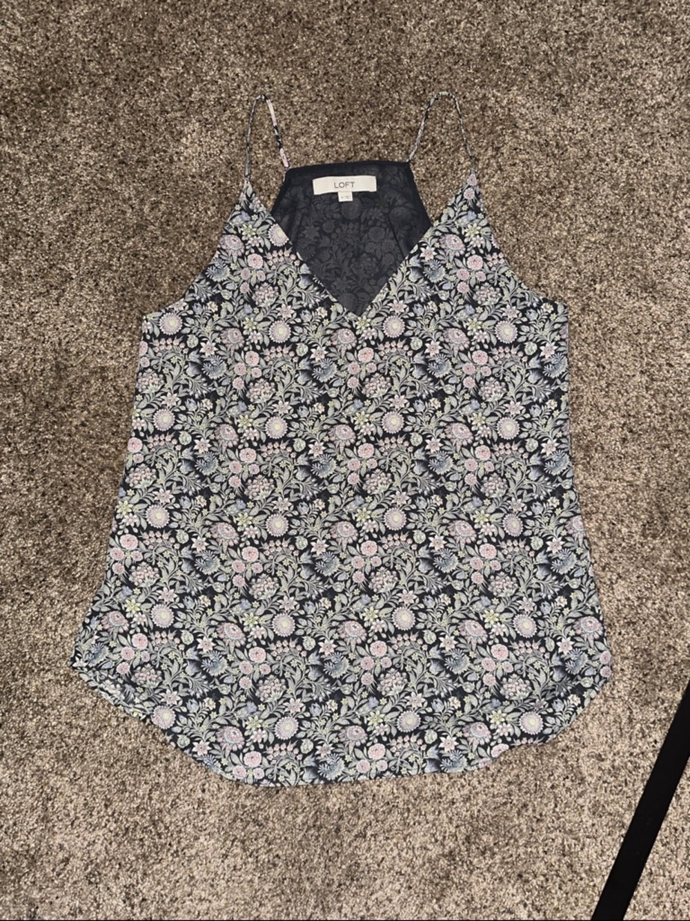 LOFT Navy Floral V-Neck Cami with Pink and Green Blossoms